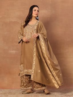 House of Chikankari - Kashmiri Women's Long Phiran Kurta With Pant And Dupatta - Brown