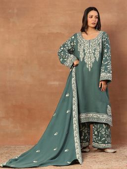 House of Chikankari - Kashmiri Women's Long Phiran Kurta With Pant And Dupatta- Green