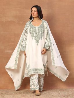 House of Chikankari - Kashmiri Women's Long Phiran Kurta With Pant And Dupatta- White