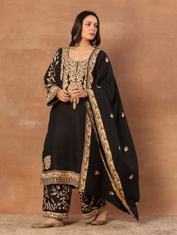 House of Chikankari - Kashmiri Women's Long Phiran Kurta With Pant And Dupatta- Black
