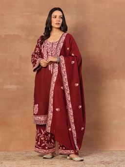 House of Chikankari - Kashmiri Women's Long Phiran Kurta With Pant And Dupatta- Maroon