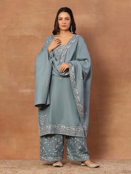 House of Chikankari - Kashmiri Women's Long Phiran Kurta With Pant And Dupatta- Grey
