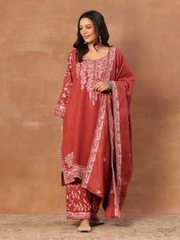 House of Chikankari - Kashmiri Women's Long Phiran Kurta With Pant And Dupatta- Pink