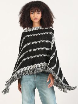 SHOWOFF - Women Striped Black Fringed Edge Poncho