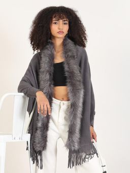 SHOWOFFFF - Women Solid Grey Fringed Edge Poncho