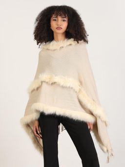SHOWOFF - Women Solid Cream Fringed Edge Poncho