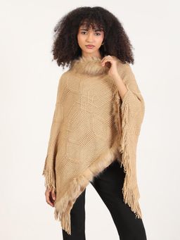 SHOWOFF - Women Geometric Beige Fringed Edge Poncho