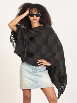 SHOWOFF - Women Checked Grey Fringed Edge Poncho