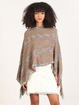 SHOWOFF - Women Striped Brown Fringed Edge Poncho