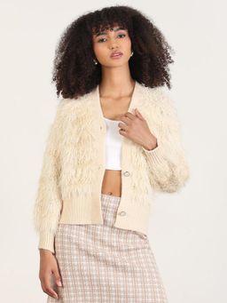 SHOWOFF - Women Cream Solid V-Neck Shrug