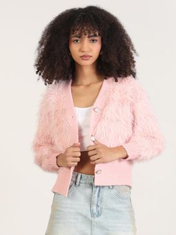 SHOWOFF - Women Pink Solid V-Neck Shrug