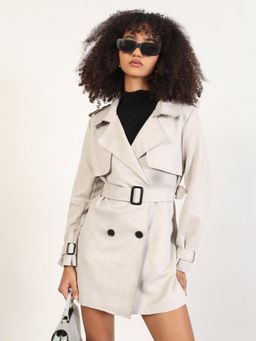 SHOWOFF - Women Solid Grey Lapel Trench Coat with Belt and Wrist Belt