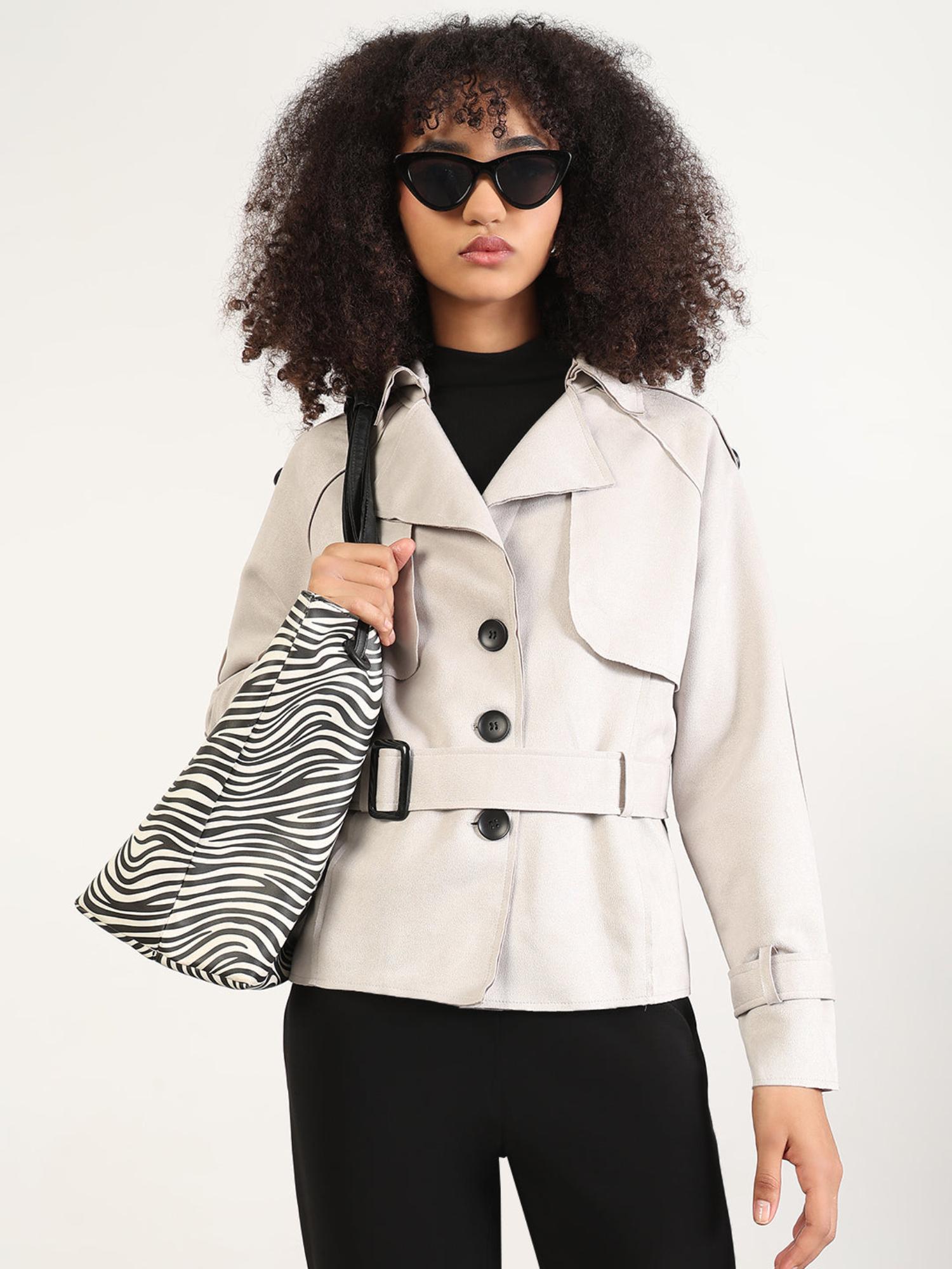 showoffff Women Solid Grey Lapel Tailored Jacket with Belt and Wrist Belt-picture-30