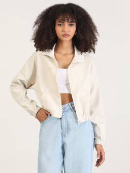 SHOWOFFFF - Women Solid Cream Spread Collar Crop Bomber Jacket