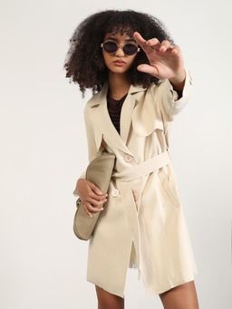 SHOWOFF - Women Solid Cream Lapel Collar Longline Trench Coat with Belt