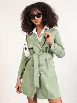 SHOWOFF - Women Solid Green Lapel Collar Longline Trench Coat with Belt
