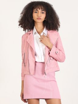 SHOWOFF - Women Solid Pink Lapel Collar Crop Jacket