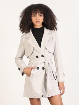 SHOWOFF - Women Solid Grey Lapel Collar Trench Coat with Fabric Belt