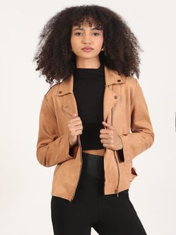 SHOWOFF - Women Solid Brown Lapel Collar Jacket