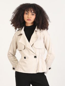 SHOWOFF - Women Solid Beige Lapel Collar Tailored Jacket