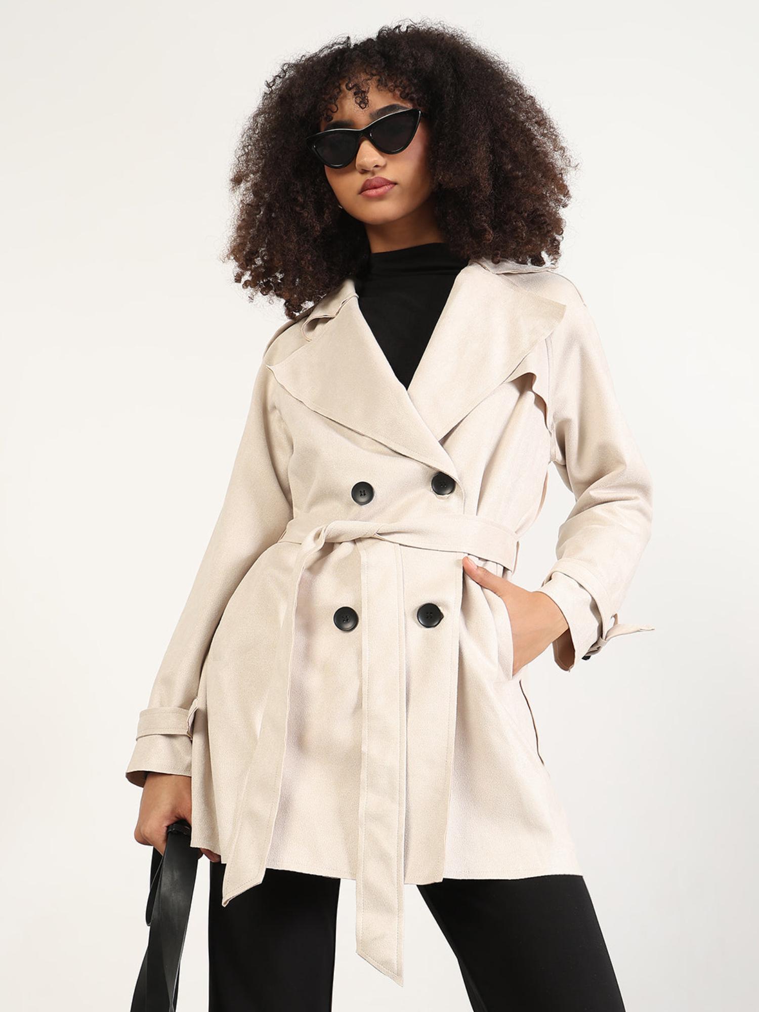 showoffff Women Solid Cream Lapel Collar Longline Trench Coat with Belt-picture-18