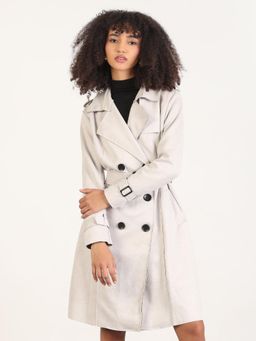 SHOWOFF - Women Solid Grey Lapel Collar Longline Trench Coat with Belt