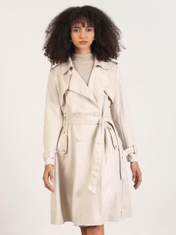SHOWOFF - Women Solid Beige Lapel Collar Trench Coat with Belt and Wrist Belt
