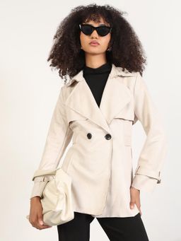 SHOWOFF - Women Solid Cream Lapel Collar Trench Coat with Wrist Belt