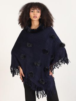 SHOWOFF - Women Solid Navy Blue Fringed Edge Poncho