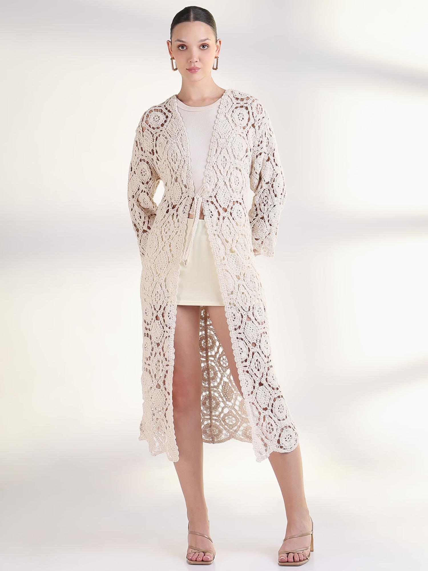 showoffff Women Self Design Cream Longline Crochet Shrug-picture-33