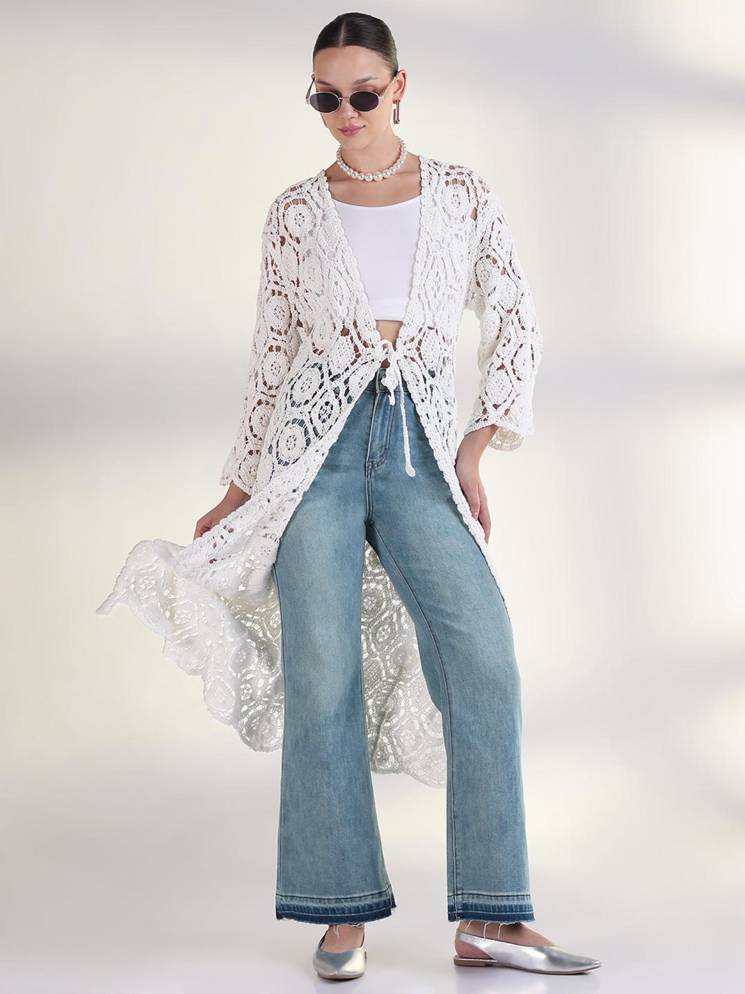 showoffff Women Self Design White Longline Crochet Shrug-picture-21