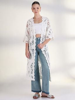 SHOWOFFFF - Women Self Design White Longline Crochet Shrug