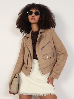 SHOWOFF - Women Solid Beige Lapel Collar Tailored Jacket