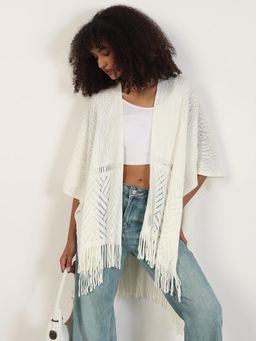 SHOWOFF - Women Solid Off White Fringed Edge Poncho