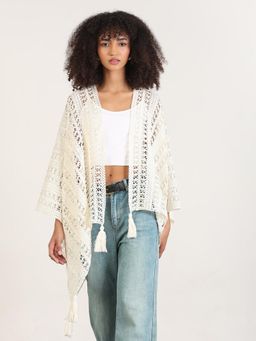 SHOWOFF - Women Solid Cream Asymmetric Poncho