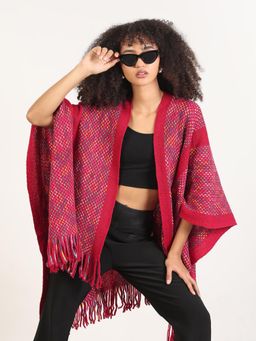 SHOWOFF - Women Solid Red Fringed Edge Poncho