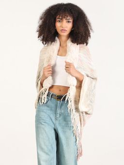 SHOWOFF - Women Stripes Cream Fringed Edge Poncho