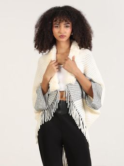 SHOWOFF - Women Stripes Cream Fringed Edge Poncho