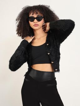 SHOWOFF - Women Black Solid V-Neck Crop Shrug