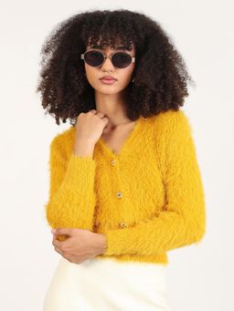 SHOWOFF - Women Mustard Solid V-Neck Crop Shrug