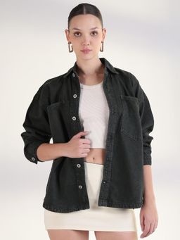 SHOWOFF - Women Solid Black Spread Collar Denim Jacket