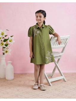 Fabindia - Olive Cotton Linen Embroidered Aria Dress
