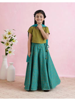 Fabindia - Teal Cotton Hand Block Printed Choli With Lehenga & Dupatta