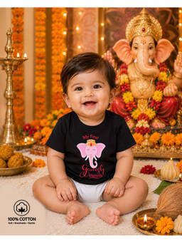 BLUSHES - Black Cotton Knit Half Sleeves My First Ganesh Chaturthi Text Printed T-Shirt