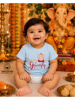 BLUSHES - Blue Cotton Knit Half Sleeves My First Ganesh Chaturthi Text Printed T-Shirt