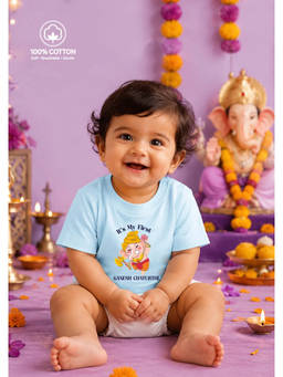 BLUSHES - Blue Cotton Knit It's My First Ganesh Chaturthi Text Printed T-Shirt