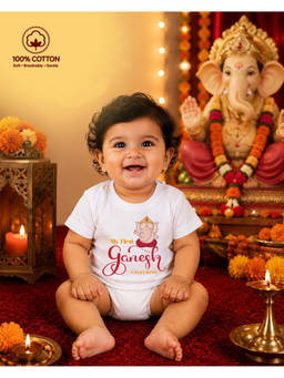 BLUSHES - White Cotton Knit Half Sleeves My First Ganesh Chaturthi Text Printed T-Shirt