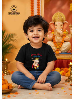 BLUSHES - Black Cotton Knit Half Sleeves O My Friend Ganesha Text Printed T-Shirt