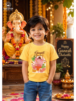 BLUSHES - Yellow Cotton Knit Half Sleeves Ganpati Bappa Morya Text Printed T-Shirt