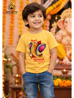 BLUSHES - Yellow Cotton Knit Half Sleeves Happy Ganesh Chaturthi Text Printed T-Shirt